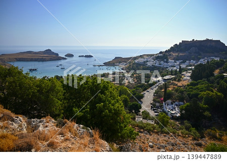 Crystal clear turquoise sea on Rhodes island, Greece, sunny coastal landscape, perfect summer vacation concept. 139447889