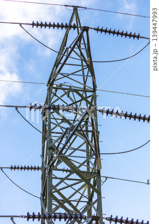 A close up view of the steelwork on an electrical transmission tower A close up view of the steelwork on an electrical transmission tower 139447993