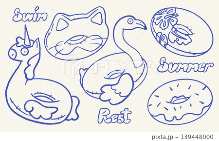 Hand Drawn Inflatable Swim Rings Set Fun Summer Doodle Style Hand Drawn Inflatable Swim Rings Set Fun Summer Doodle Style 139448000