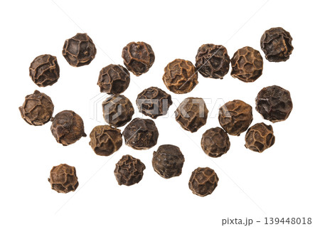 Black peppercorns or pepper isolated on a white background. Top view. Flat lay 139448018
