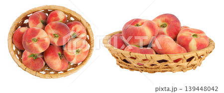 chinese flat donut peaches in a wicker basket isolated on white background. Top view. Flat lay 139448042