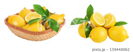 Ripe lemons in wicker basket isolated on white background 139448062