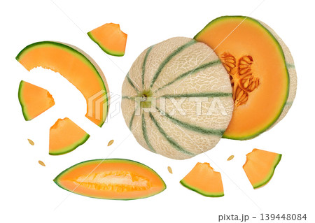 Cantaloupe melon isolated on white background with full depth of field. Top view. Flat lay 139448084