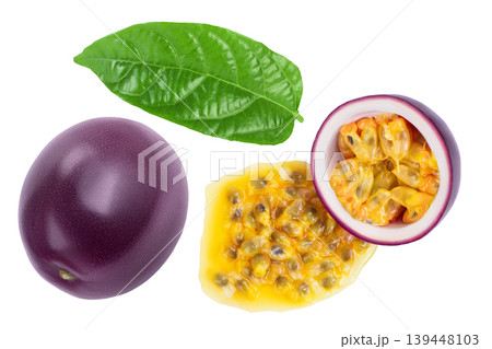 passion fruits half isolated on white background. maracuya . Top view. Flat lay passion fruits half isolated on white background. maracuya . Top view. Flat lay 139448103