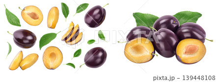 fresh purple plum and half isolated on white background with copy spase for your text. Top view. Flat lay fresh purple plum and half isolated on white background with copy spase for your text. Top view. Flat lay 139448108