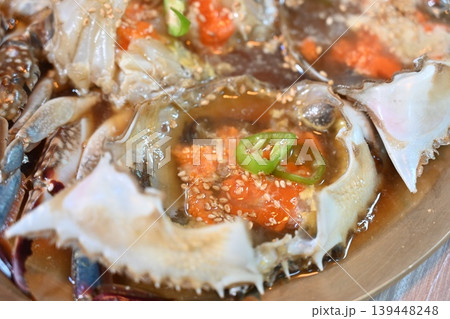 Traditional Korean Soy Sauce Marinated Raw Crab Ganjang Gejang Traditional Korean Soy Sauce Marinated Raw Crab Ganjang Gejang 139448248