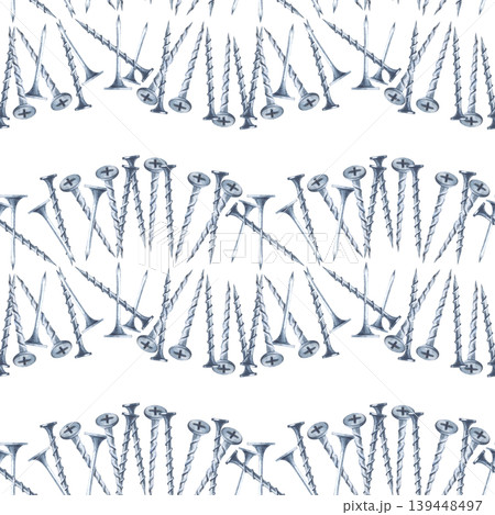 Seamless watercolor pattern with realistic metal screws and nails. Realistic hand-painted elements are arranged in a rhythmic pattern against an isolated background. Ideal for men's branding Seamless watercolor pattern with realistic metal screws and nails. Realistic hand-painted elements are arranged in a rhythmic pattern against an isolated background. Ideal for men's branding 139448497