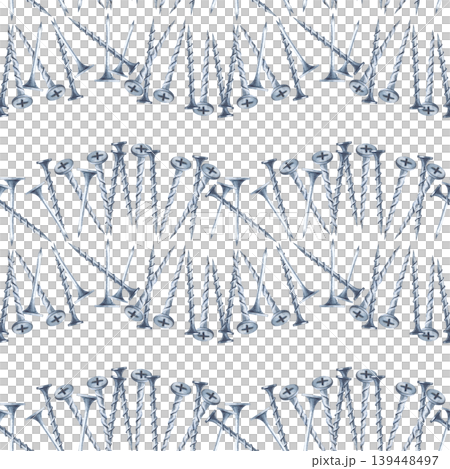 Seamless watercolor pattern with realistic metal screws and nails. Realistic hand-painted elements are arranged in a rhythmic pattern against an isolated background. Ideal for men's branding Seamless watercolor pattern with realistic metal screws and nails. Realistic hand-painted elements are arranged in a rhythmic pattern against an isolated background. Ideal for men's branding 139448497