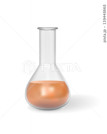 Glass round flask with orange chemical 3D realistic vector icon, laboratory glassware equipment vial with liquid, beaker Glass round flask with orange chemical 3D realistic vector icon, laboratory glassware equipment vial with liquid, beaker 139448668