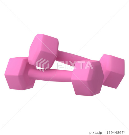 A pair of realistic dumbbells, hexagonal, vinyl, pink. A pair of realistic dumbbells, hexagonal, vinyl, pink. 139448674