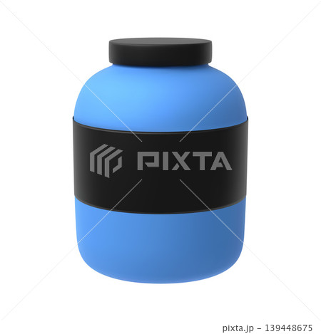 Realistic blue plastic jar with a closed black lid and blank label. Sports nutrition. Realistic blue plastic jar with a closed black lid and blank label. Sports nutrition. 139448675