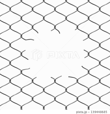 A realistic silver metal mesh background with a circular hole in the center on a white background. A realistic silver metal mesh background with a circular hole in the center on a white background. 139448685