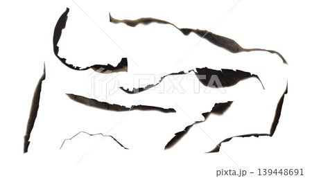 Paper burnt strokes different shapes realistic vector set, charred overlay paper side with ash, fire scorched edge 139448691