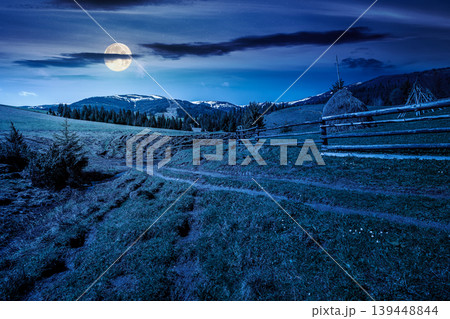 mountainous countryside landscape in spring at night. full moon over wooden fence and grassy meadow on a green hill. distant mountain ridge with snow capped tops. mysterious cloudy sky mountainous countryside landscape in spring at night. full moon over wooden fence and grassy meadow on a green hill. distant mountain ridge with snow capped tops. mysterious cloudy sky 139448844
