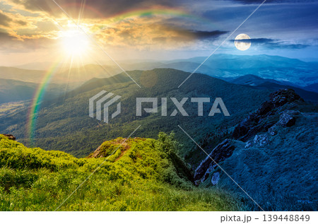day meet night. mountainous countryside scenery. epic sky above the distant valley at twilight. sun and moon over green meadows and rocks on the hill. wonderful nature scenery of carpathian mountains day meet night. mountainous countryside scenery. epic sky above the distant valley at twilight. sun and moon over green meadows and rocks on the hill. wonderful nature scenery of carpathian mountains 139448849
