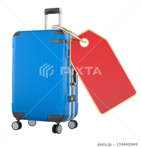 Blue suitcase with red price tag. 3D rendering Blue suitcase with red price tag. 3D rendering 139448949