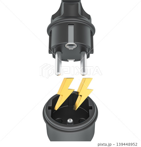 Electric plug and socket with lightning bolts, 3d rendering 139448952
