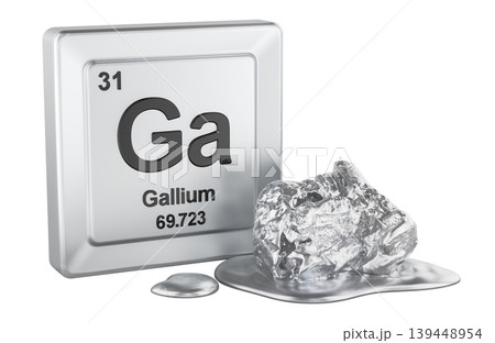 Gallium element periodic table tile with gallium sample. 3d rendering Gallium element periodic table tile with gallium sample. 3d rendering 139448954