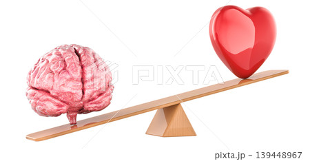 Balance between logic and emotion. Brain and red heart on seesaw, 3d rendering Balance between logic and emotion. Brain and red heart on seesaw, 3d rendering 139448967
