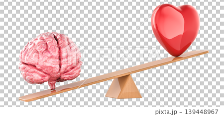 Balance between logic and emotion. Brain and red heart on seesaw, 3d rendering 139448967