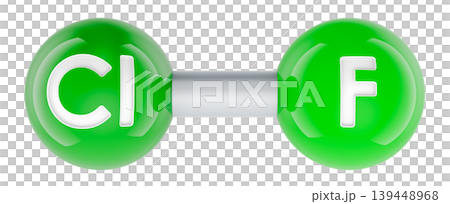Chlorine monofluoride ClF molecule model. 3D rendering 139448968