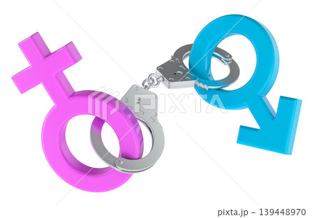 Female and male gender symbols locked together with metal handcuffs. Toxic relationship and dependency, concept. 3d rendering 139448970