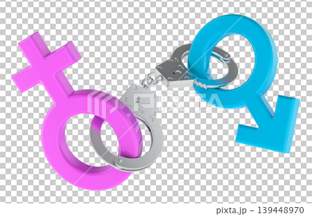 Female and male gender symbols locked together with metal handcuffs. Toxic relationship and dependency, concept. 3d rendering Female and male gender symbols locked together with metal handcuffs. Toxic relationship and dependency, concept. 3d rendering 139448970
