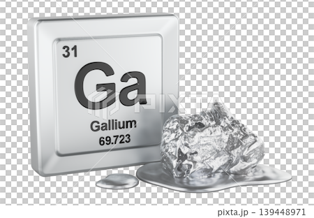 Gallium element periodic table tile with gallium sample. 3d rendering 139448971