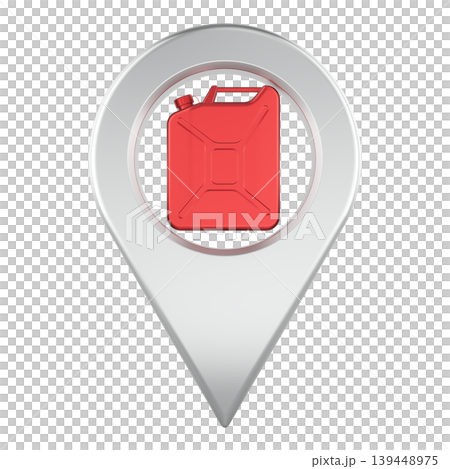 Location pin with red jerrycan. Gas station locator and fuel search concept, 3D rendering 139448975