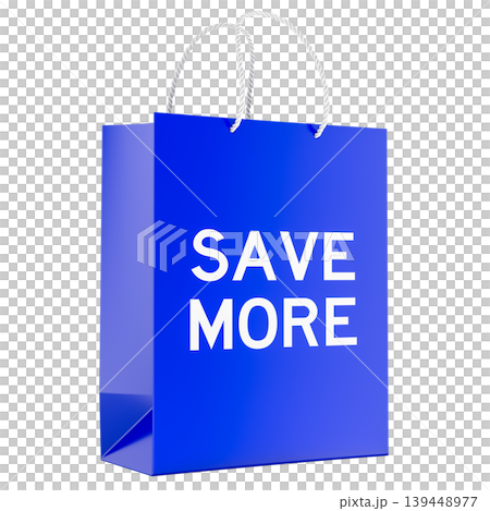 Save More, blue shopping bag. 3D rendering Save More, blue shopping bag. 3D rendering 139448977