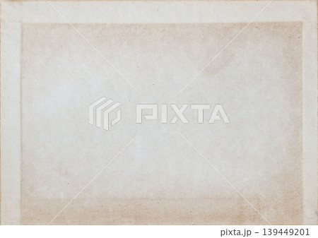 Old paper texture with stains, faded border, grain, blank center for stationery, archive, scrapbook, design. Natural background paper for mockup, copy space, banner, invitation, branding 139449201