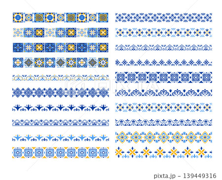 Ornamental borders collection with traditional Azulejo Portuguese tile patterns. Mediterranean Ornamental borders collection with traditional Azulejo Portuguese tile patterns. Mediterranean 139449316
