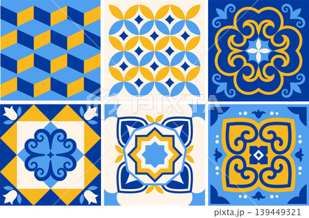 Traditional Azulejo Portuguese tile patterns collection. Ornamental Mediterranean ceramic set 139449321