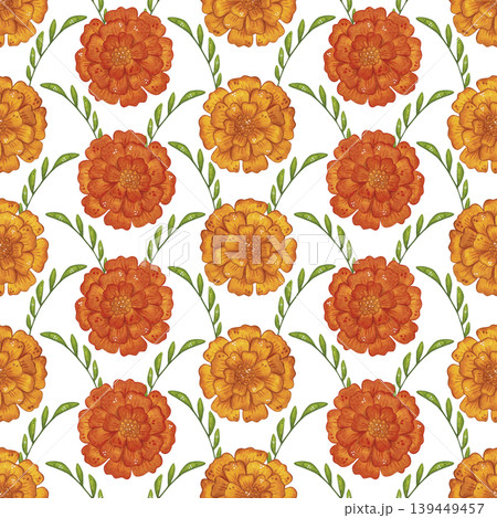 A large seamless pattern of marigold flowers and leaves. Hand-drawn watercolor illustration, cartoon. Design for invitations, posters, cards, or prints. Indian, holiday, plants A large seamless pattern of marigold flowers and leaves. Hand-drawn watercolor illustration, cartoon. Design for invitations, posters, cards, or prints. Indian, holiday, plants 139449457