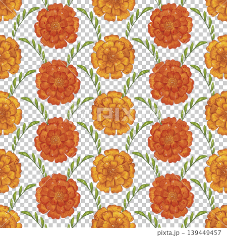 A large seamless pattern of marigold flowers and leaves. Hand-drawn watercolor illustration, cartoon. Design for invitations, posters, cards, or prints. Indian, holiday, plants A large seamless pattern of marigold flowers and leaves. Hand-drawn watercolor illustration, cartoon. Design for invitations, posters, cards, or prints. Indian, holiday, plants 139449457