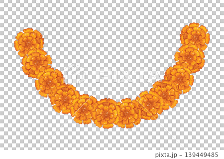 A garland of yellow marigold flowers. Hand-drawn watercolor illustration, cartoon. Suitable for invitations, posters, cards, or prints. Indian, holiday, plants A garland of yellow marigold flowers. Hand-drawn watercolor illustration, cartoon. Suitable for invitations, posters, cards, or prints. Indian, holiday, plants 139449485