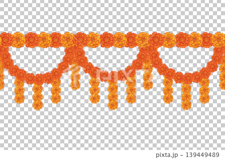 Seamless border of marigold flower garlands. Hand-drawn watercolor illustration, cartoon. Design for invitations, posters, cards, or prints. Indian, holiday, plants, flowers 139449489