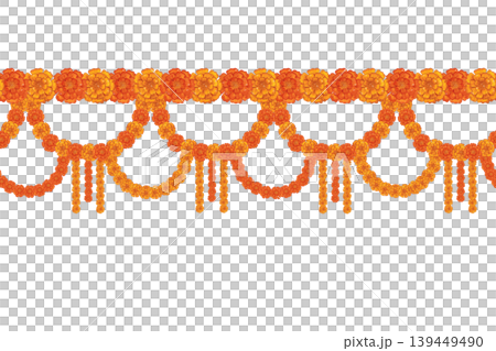 A seamless border of semicircular garlands of marigold flowers. Hand-drawn watercolor illustration, cartoon. Design suitable for invitations, posters, cards, or prints. Indian, holiday, plants A seamless border of semicircular garlands of marigold flowers. Hand-drawn watercolor illustration, cartoon. Design suitable for invitations, posters, cards, or prints. Indian, holiday, plants 139449490