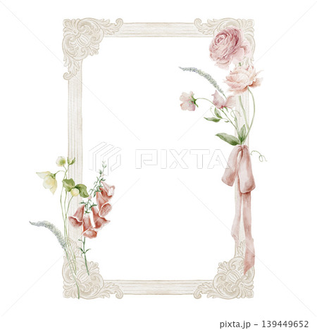 Watercolor ornate oval baroque frame with pink ranunculus peony foxglove strawberry and dusty bow isolated. 139449652