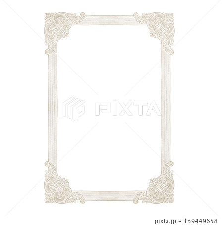 Hand painted watercolor beige white rococo baroque ornate rectangular frame with floral corners isolated. Illustration for design, print, fabric, background. 139449658