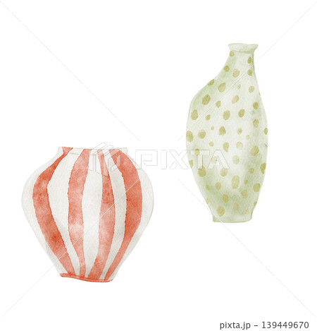 Set of 2 hand painted watercolor ceramic vases red white stripe and sage green polka dot isolated on white. Illustration for design, print, fabric, background. Set of 2 hand painted watercolor ceramic vases red white stripe and sage green polka dot isolated on white. Illustration for design, print, fabric, background. 139449670