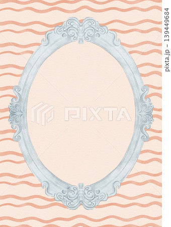 Watercolor blue ornate baroque oval frame on pastel pink wavy stripe background with copy space. Illustration for design, print, fabric, background. 139449684