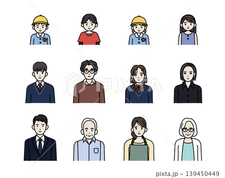 様々な年齢層の人々のイラストセット 様々な年齢層の人々のイラストセット 139450449