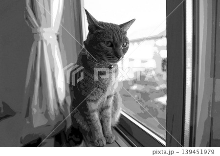 スケッチ風 猫 ネコ ねこ キジトラ グレー 雌 メス 雌ねこ 雌ネコ 元気 かわいい 癒し 139451979