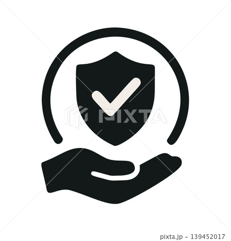 Modern Flat Icon Representing Security and Protection with a Shield and Checkmark inside a Circle above a Caring Hand Modern Flat Icon Representing Security and Protection with a Shield and Checkmark inside a Circle above a Caring Hand 139452017