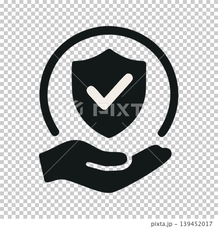 Modern Flat Icon Representing Security and Protection with a Shield and Checkmark inside a Circle above a Caring Hand 139452017