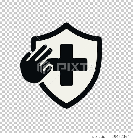 Handdrawn Black Silhouette Shield Protection Symbol with Medical Cross and Open Palm Handdrawn Black Silhouette Shield Protection Symbol with Medical Cross and Open Palm 139452364