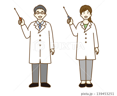 説明する医者　白衣の男性と女性の全身イラストセット 139453251