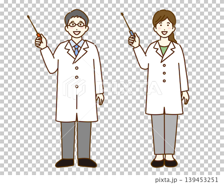 説明する医者　白衣の男性と女性の全身イラストセット 139453251