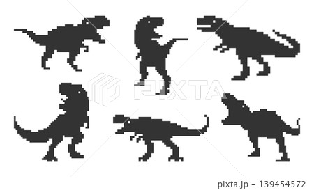 Set of pixel art Tyrannosaurus Rex silhouettes in various poses. Retro 8-bit dinosaur graphics for games, stickers, and prehistoric themed designs. Vector illustration. Set of pixel art Tyrannosaurus Rex silhouettes in various poses. Retro 8-bit dinosaur graphics for games, stickers, and prehistoric themed designs. Vector illustration. 139454572